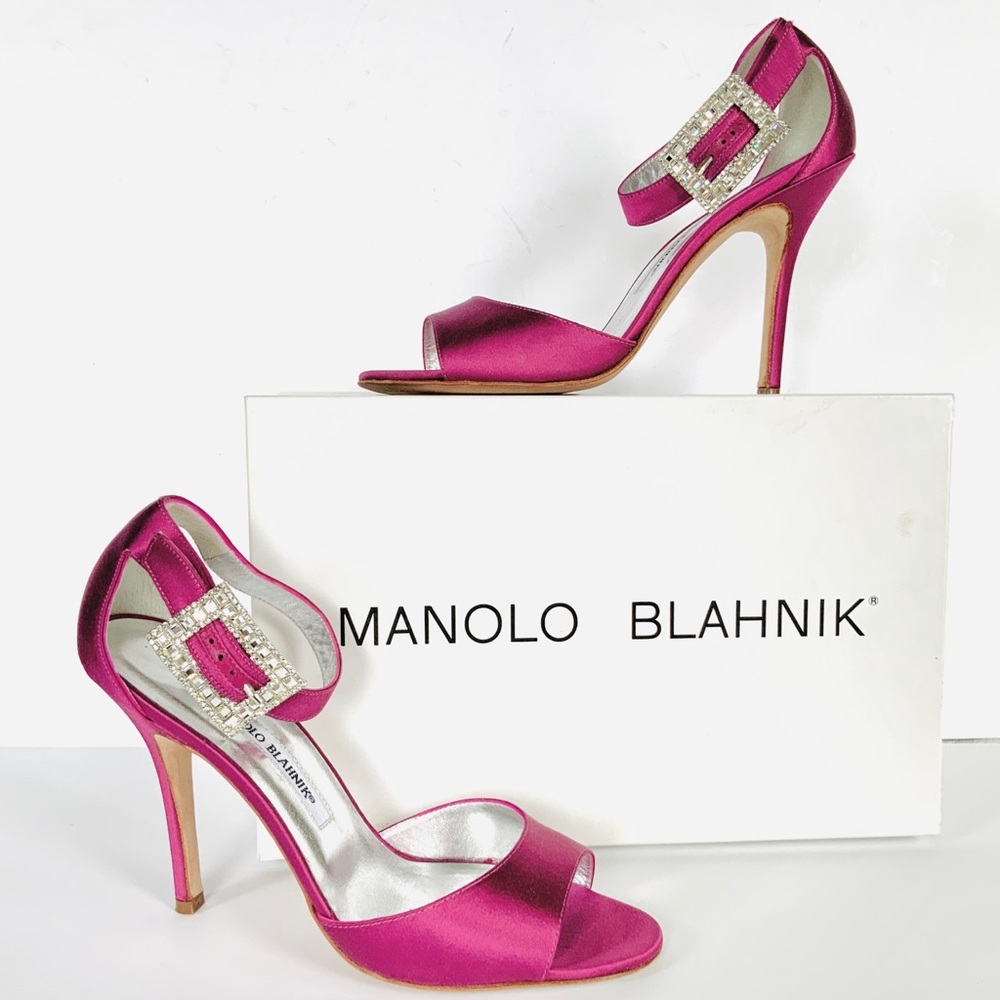 Manolo Blahnik  pink magenta satin sandals crystal buckles 37.5